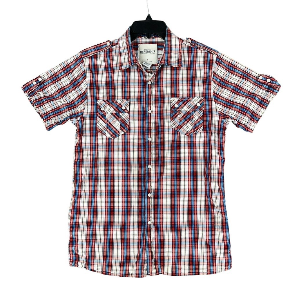 Imperious‎ Plaid Shirt Mens L Red Blue Western Rodeo Farm Chore Workwear
